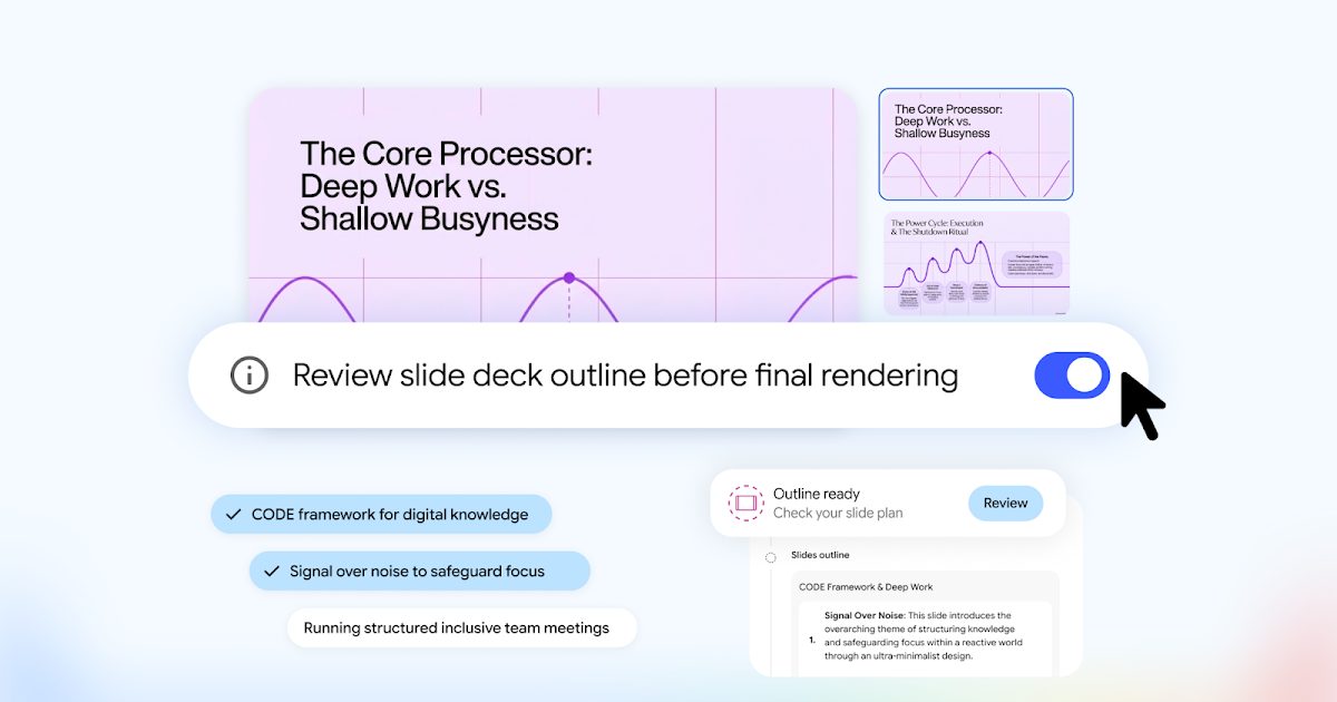 Image from workspaceupdates.googleblog.com: Gemini Notebook slide deck outline review